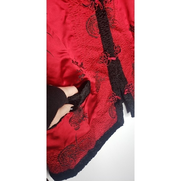 Vintage Red Satin Embroidered Asian Cheongsam Black Curly Lamb Short Coat Small - Picture 3 of 10